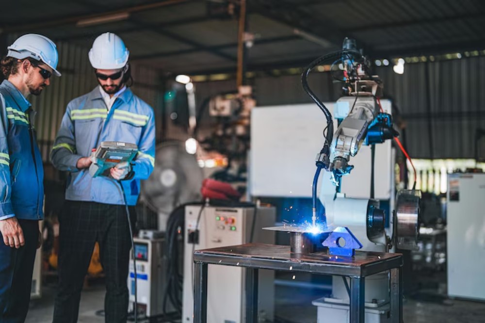 factory-engineers-using-smart-control-control-arm-robot-machine-cutting-metal-sheet_28976-3483