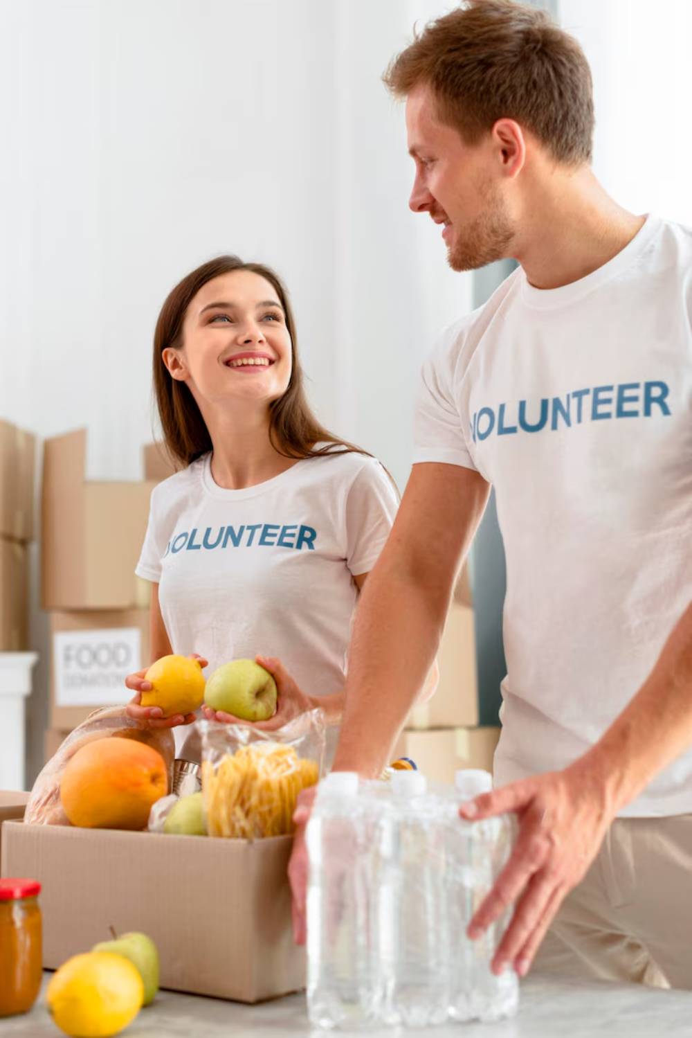 Volunteers sorting donated food